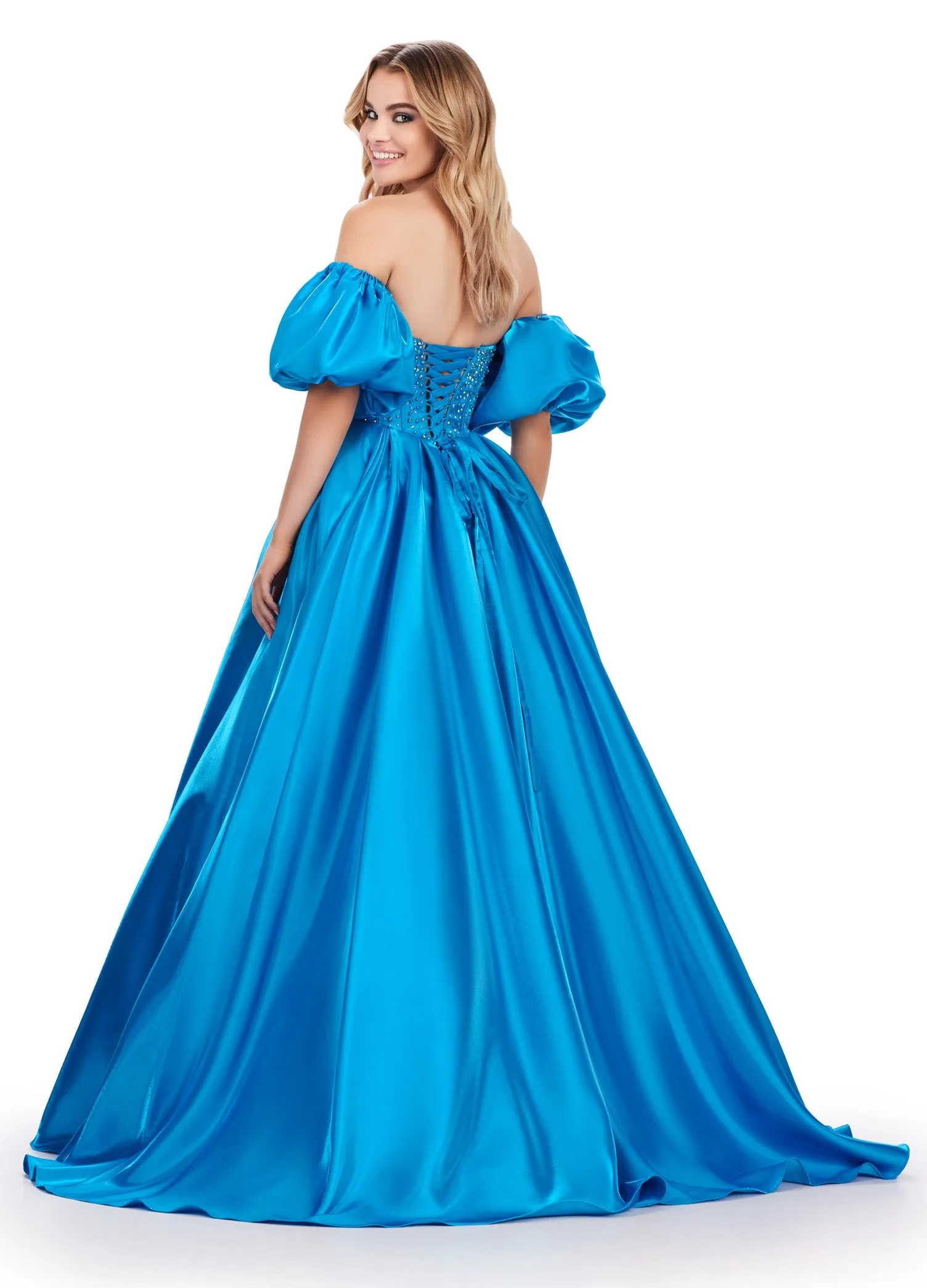 Ashley Lauren 11642 Satin A Line Crystal Corset Prom Dress Puff Sleeve Ballgown Pageant