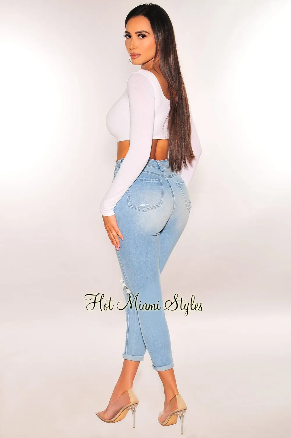 Light Denim High Waist Destroyed Skinny Ankle Jeans