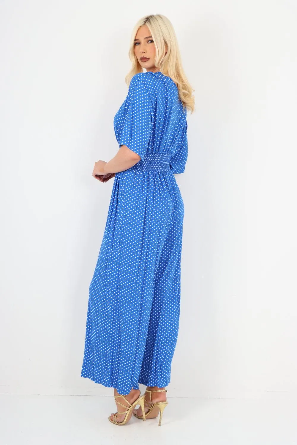 Polka Dot Shirred Waist V Neck Jumpsuit